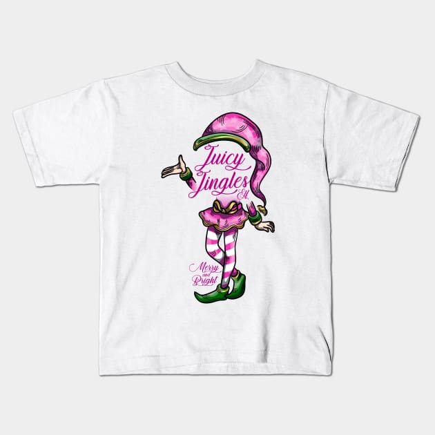 JUICY JINGLES: Bells Bright Christmas Elf Green Gold Jingles Merry Pink Kids T-Shirt by Jake, Chloe & Nate Co.